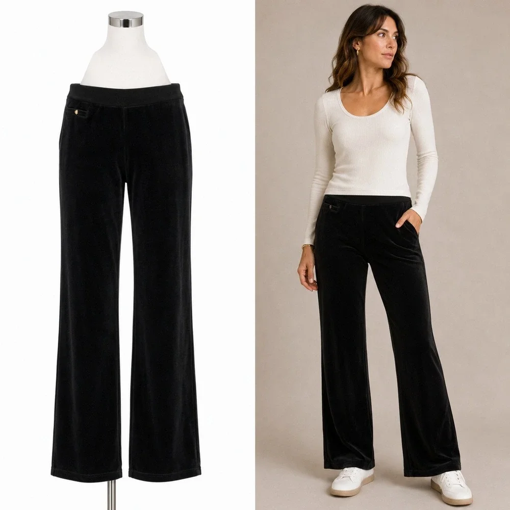 Y2K Vintage Lauren Ralph Lauren Pants Black Velour Wide Leg Gold Button Petite M